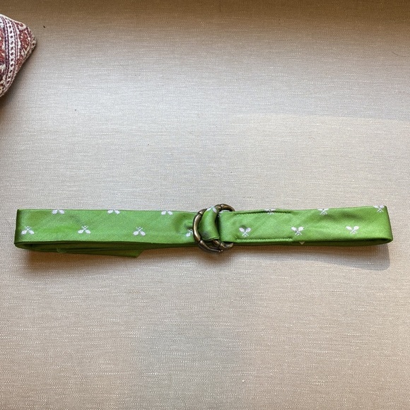 Embroidered Pink Tennis Racquets on Green Silk Belt J Crew - Picture 3 of 5